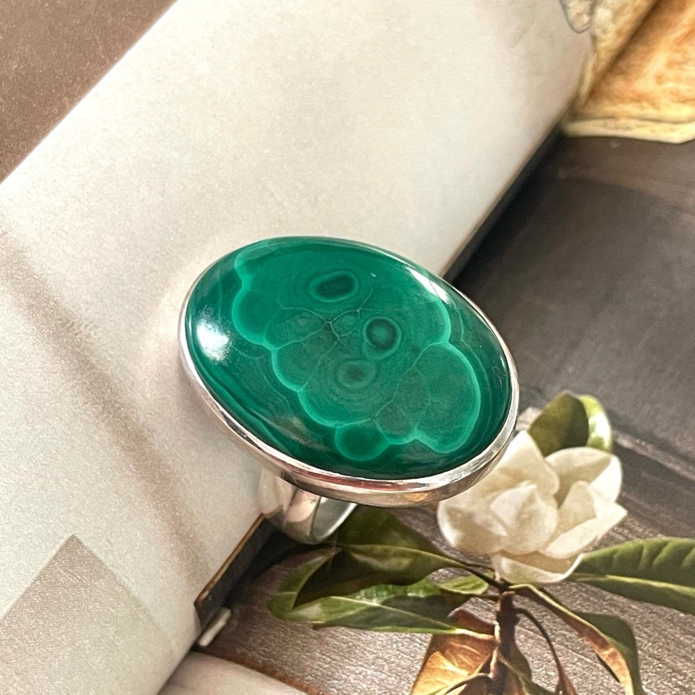 925 Sterling Silver natural Malachite Ring SizeUS 9 Adjustable! Butterfly “BOHO”